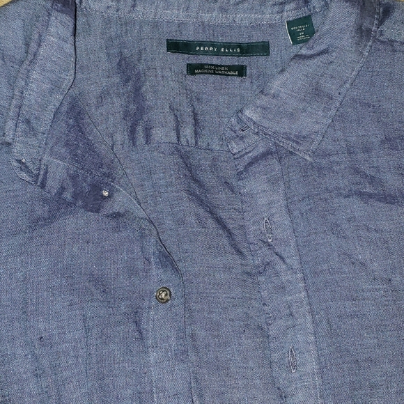 Perry Ellis Mens Size 2X Blue Long Sleeve Button Up Collar Shirt - Picture 2 of 6